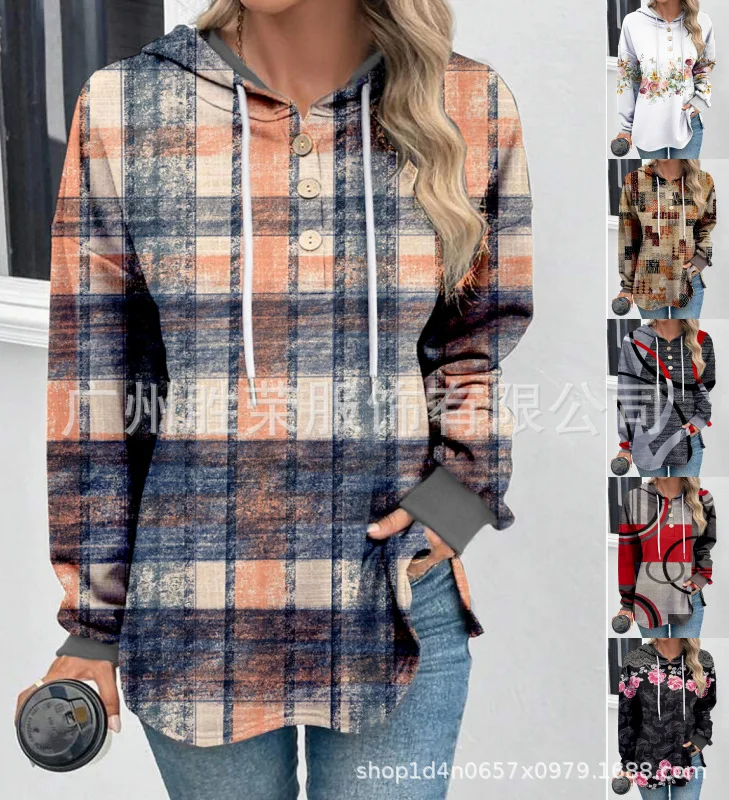 

Autumn New Women's Hooded Drawstring Button Collar Contrast Sweatshirt