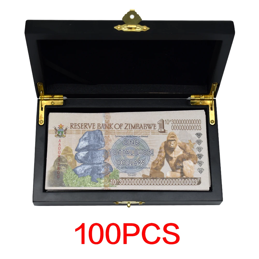 

100pcs/box Zimbabwe Paper Banknotes One Yottalillion Dollars Serial Number Uncurrency Banknotes with Wooden Box for Collection