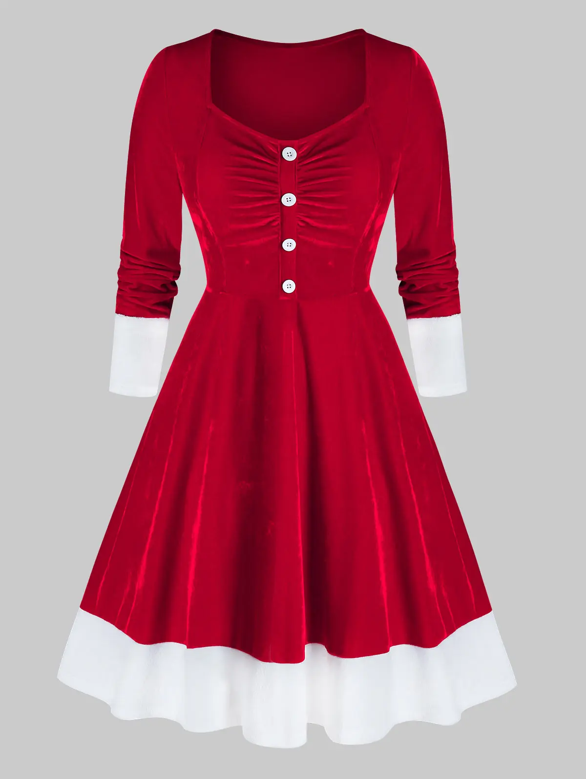 

ROSEGAL Velour Ruched Bust Dresses Vestidos Women's Plus Size Christmas Santa Claus Bicolor Button High Waist V-Neck Flare Dress