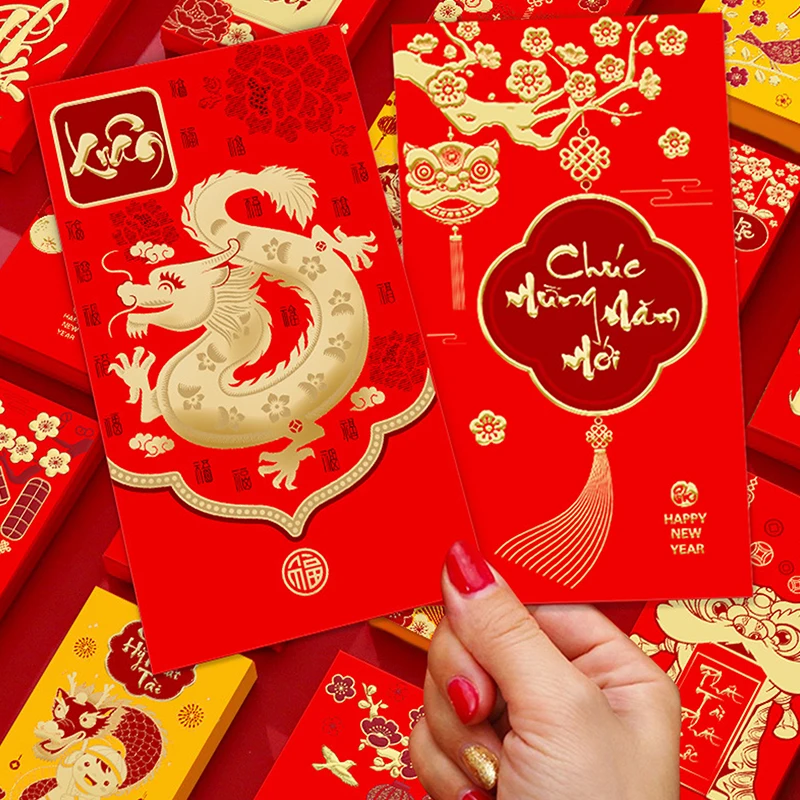 

6 шт., красный конверт с китайским драконом, 2024