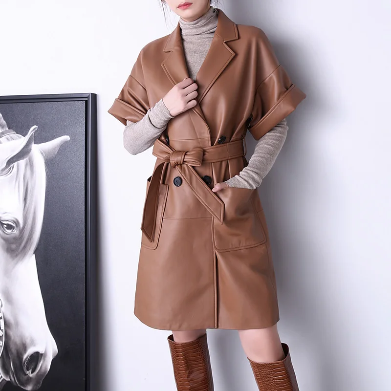 2023 New Coming Leather Jackets Lady Fashion Sheepskin Trench Coat With Belt Short Style Streetwear TF3937