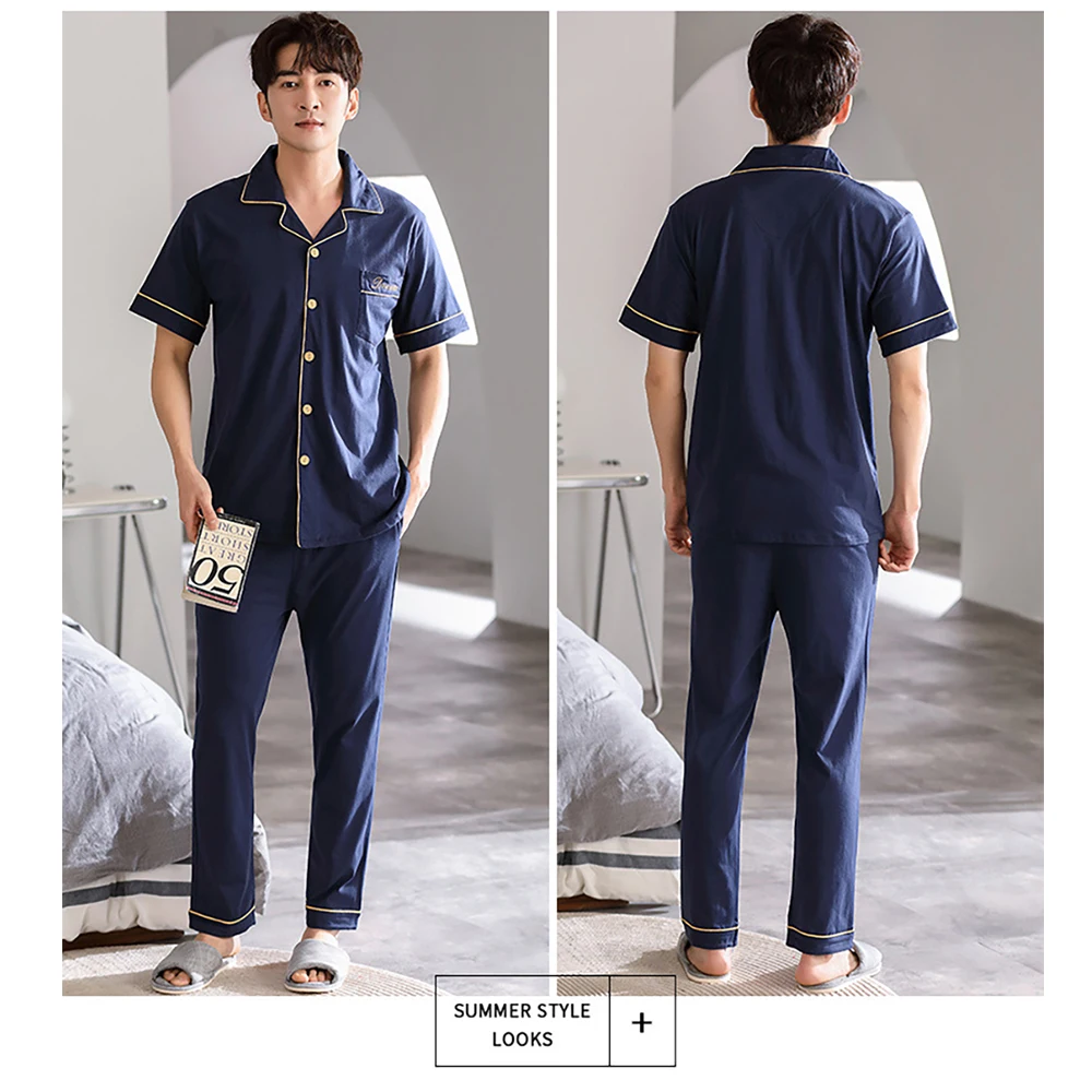 100% Cotton Sleepwear Solid Pijamas Summer Short Sleeve Buttons Sleep Top Elastic Waist Long Pants Casual Breathable Pajama Sets