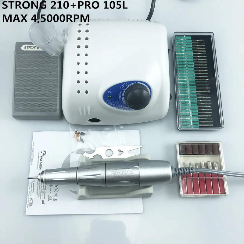 New Arrival STRONG 210 PRO 105 105L Handpiece 65W 45000rpm Nail Drills Manicure Machine Pedicure Electric File Bits