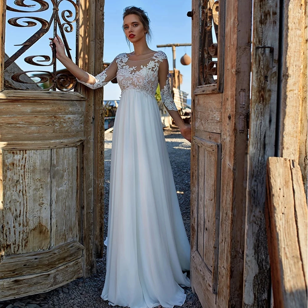 

Anna Beauty Wedding Dress 2022 Simple O-Neck Chiffon Beach Bridal Gown Bohemia Appliques Vestido De Noiva Civil Women Skirt