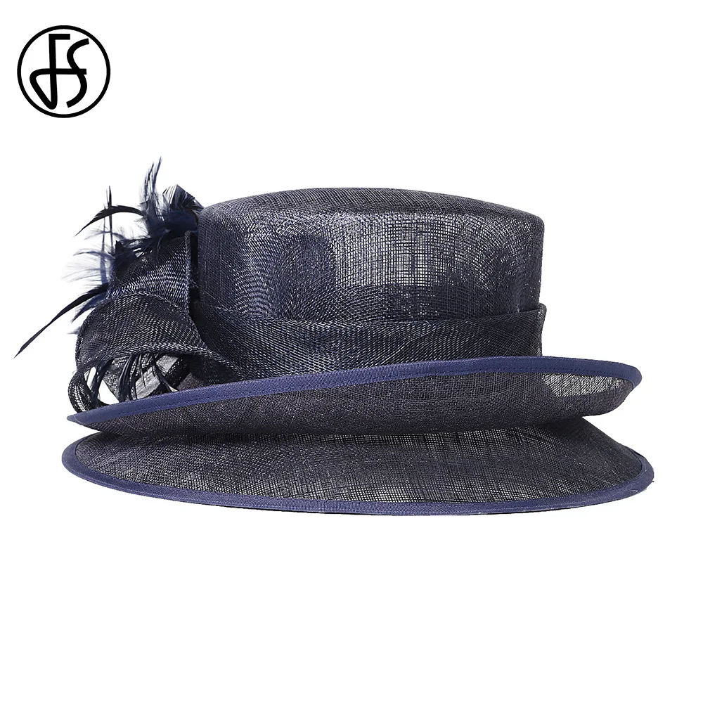 FS Темно-синие шляпы Sinamay с плоским верхом для женщин цветочным пером свадебная