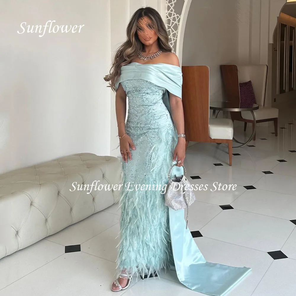 

Sunflower Off the Shoulder Prom Gown Feathers Mermaid Evening Dress Slim Satin Lace Applique Party Dress 2023 Floor-Length