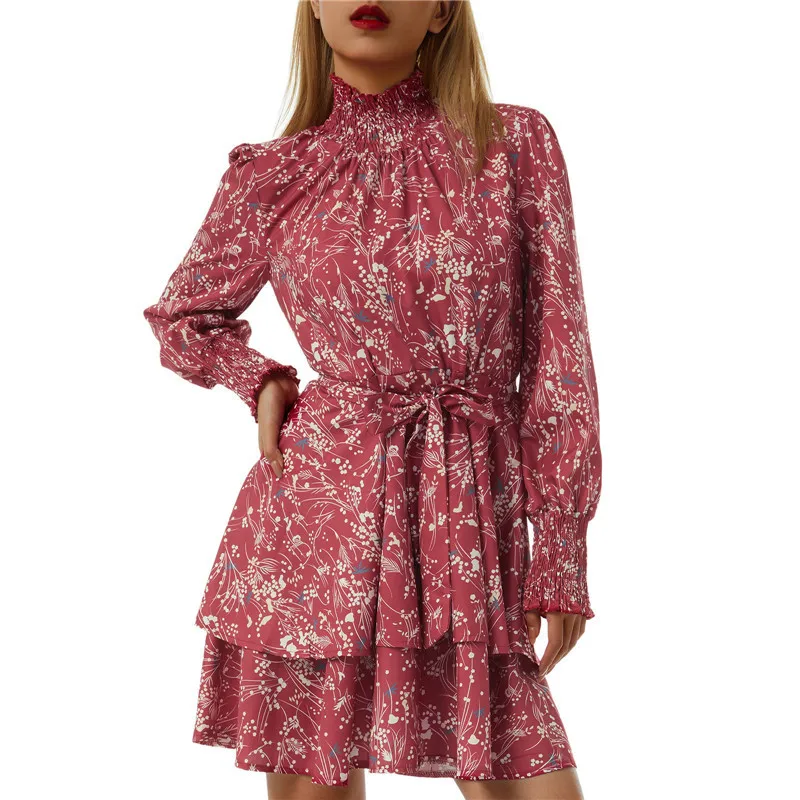 

Women's Summer Boho A-line Short Dress Casual Long Sleeve Turtle Neck Ruffle Floral Dress with Belt Princess Party Sundress 2022