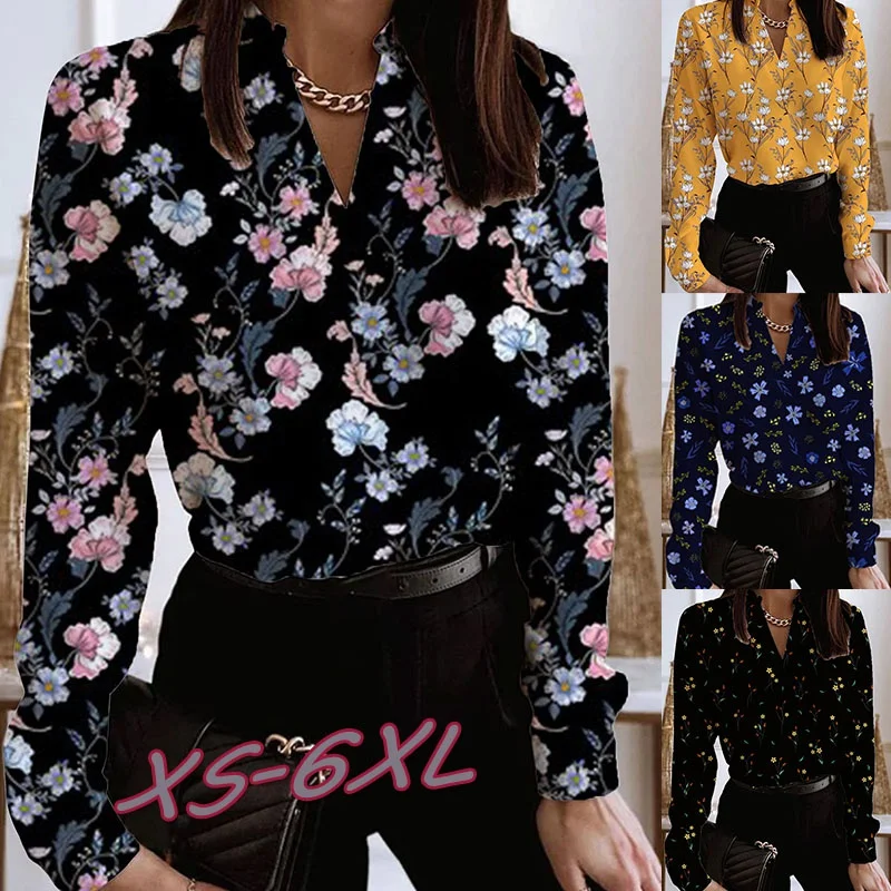 2022Ladies Fashion Sexy V Neck Long Sleeve T Shirt Floral Print Shirt Casual Lapel Shirt Ladies Pullover Spring Autumn Loose Top