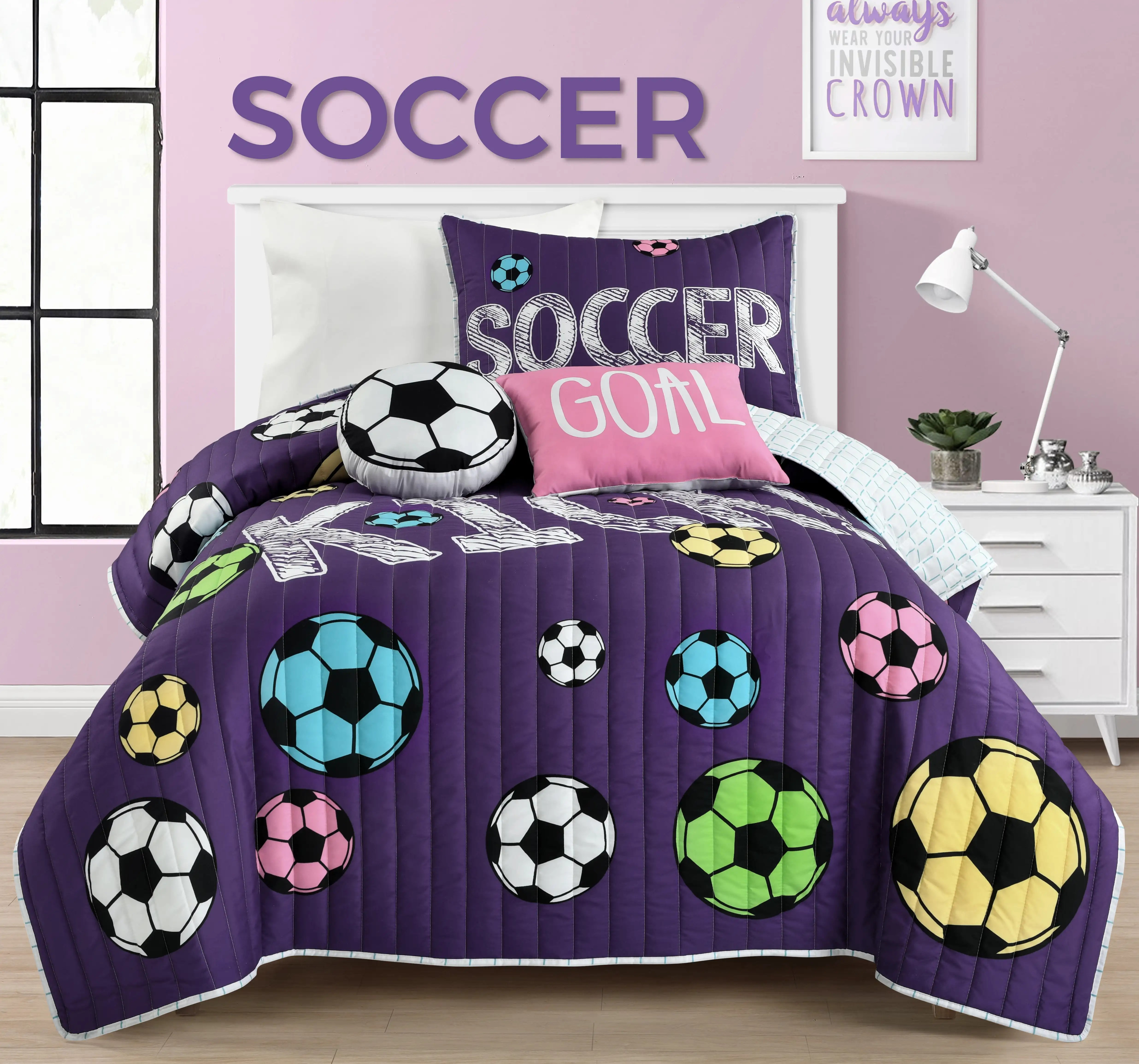 

Lush Decor Girls Soccer Kick Kids Reversible Quilt, Twin, Purple, 4-Pc Set