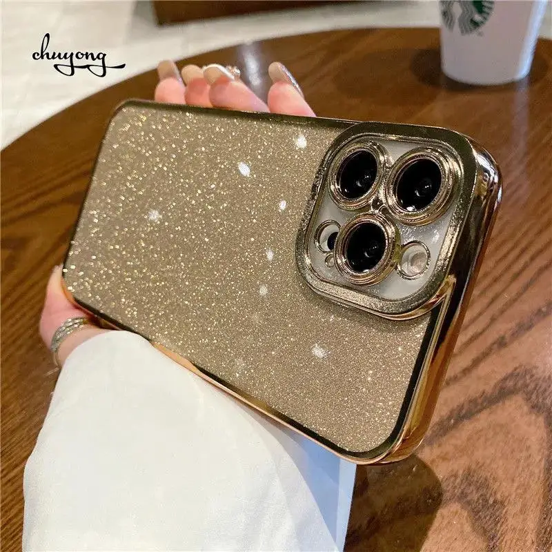 

Plating Glitter Transparent Case for iPhone 13 Pro Max 11 12 Mini X XS XR 7 8 Plus 6 6S SE 2020 Shockproof Lens Protection Cover