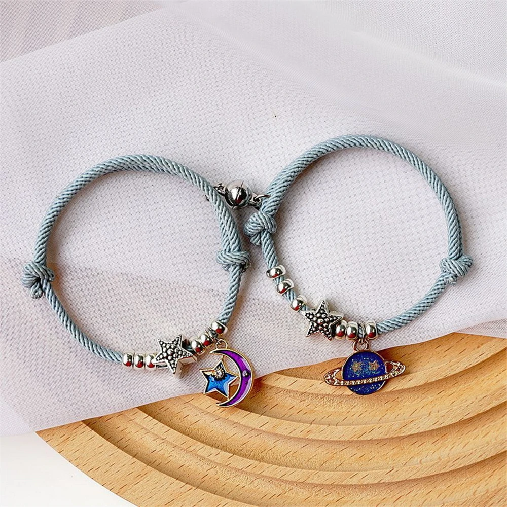 

2pcs Magnetic Couple Bracelets for Women Cute Moon Star Planet Beads Pendant Bracelet Bangle Braided Wristband Friends Jewelry