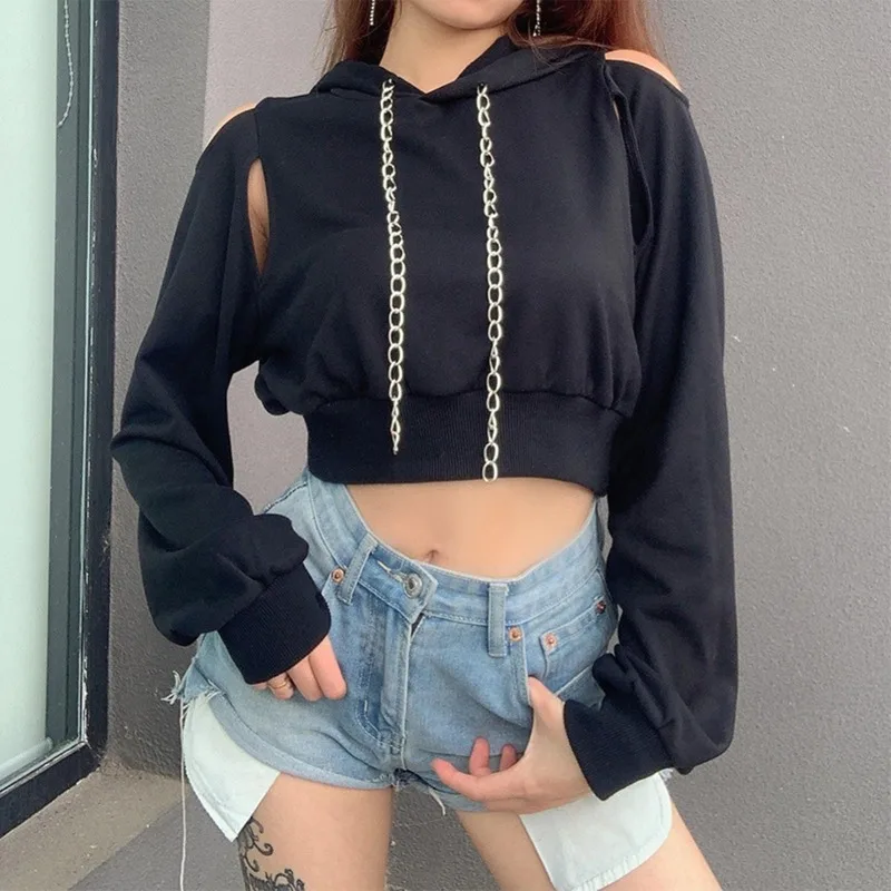 

2022 Sexy Hoodie Fashion Women Autumn Spring Long Sleeve Cut Out Chain Hoodie Short Sweatshirt Hollow Crop Top Women's Clothing