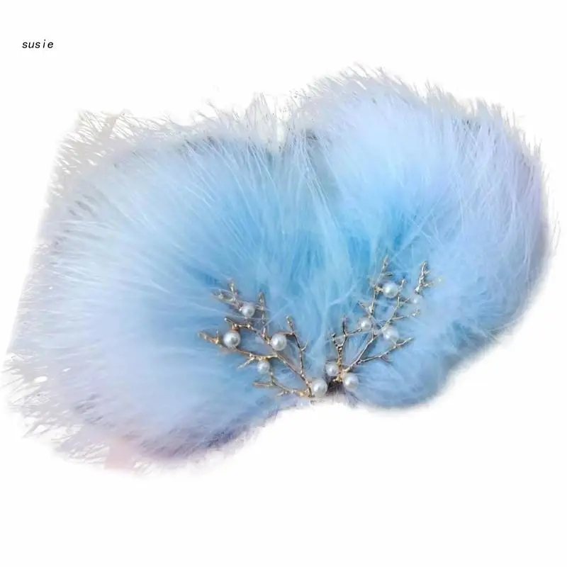 

X7YA Pearls Decors Fluffy Feather Hairpins Hot Girls Feather Hair Clip Hanfu Chinese Style Ponytail Hair Clip for Woman