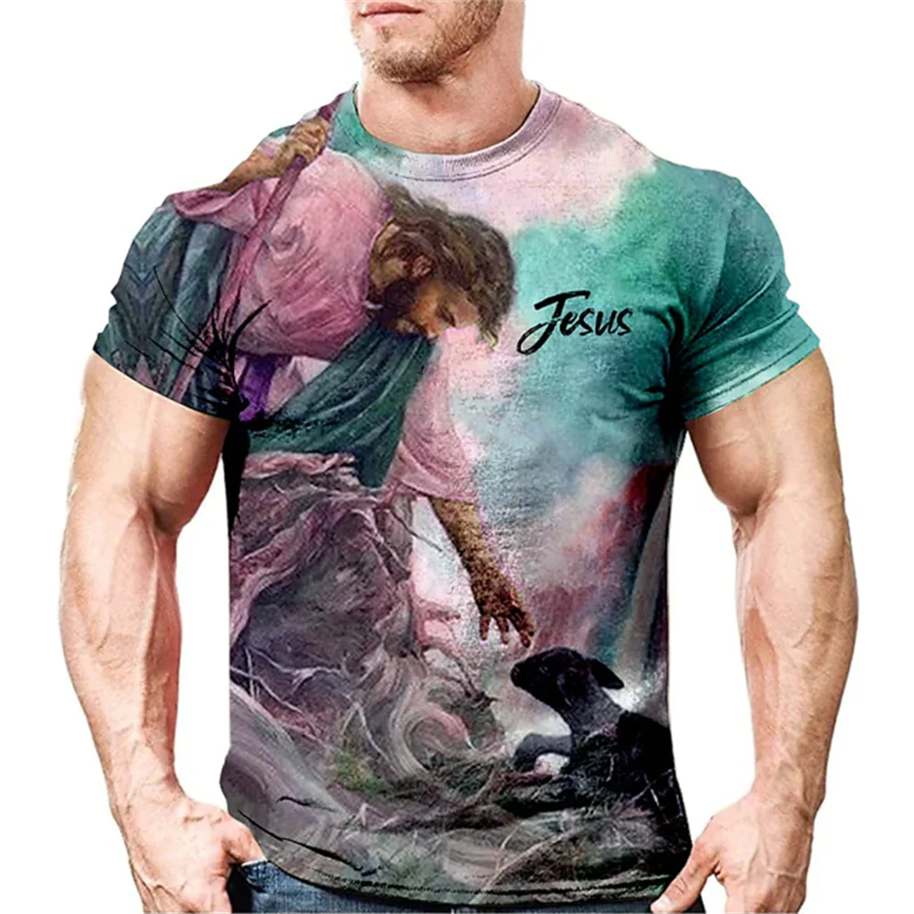 3D Jesus Print T Shirts For Men Vintage Tee Oversized Short Sleeve Tops Casual O-neck Pullover Catholicism Cross Graphic T-Shirt