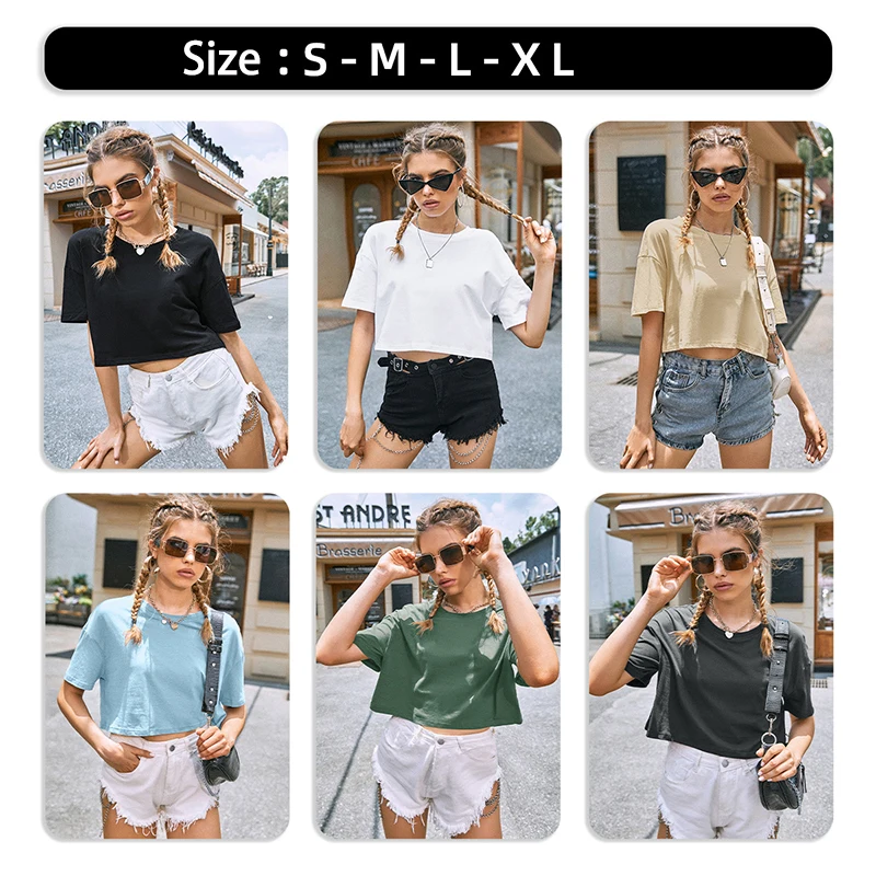 

Summer New Round Neck White Cropped Navel Top Women Summer Casual T-Shirt Basic Sexy Street Style Rib Black Short Sleeve Top