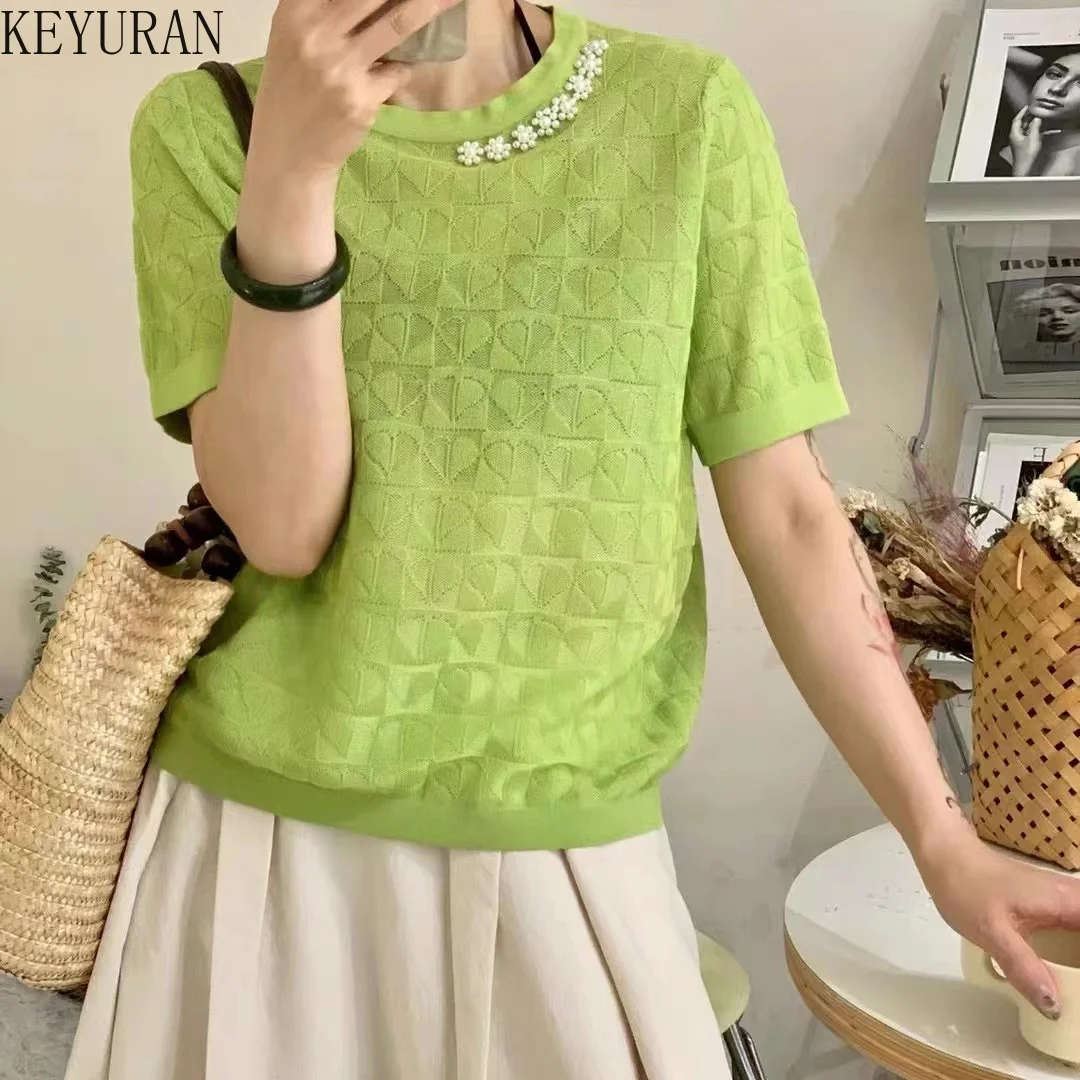

2022 Summer New Round Neck Short-sleeved Knitted Sweater T-Shirt Women's Pullover Korean Chic Pearl Beading Crochet Knitwear Top