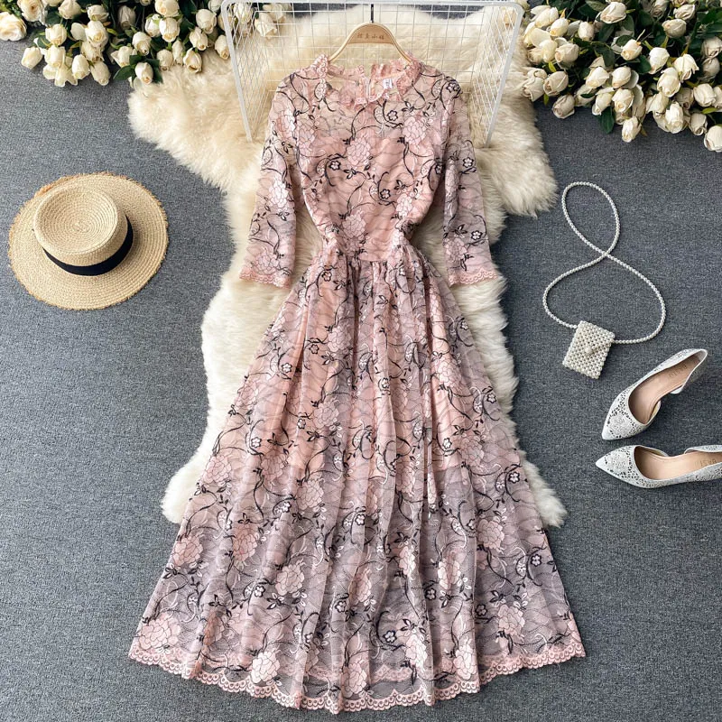 

Aibeautyer New Casual Spring Autumn Floral Print Slim Full Lady Dress A Line O Neck Chiffon Pullover Mid-Calf Women Dresses
