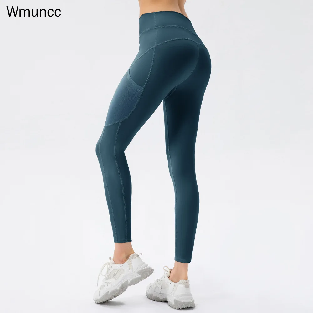 Wmuncc Naked Yoga Pants with Pocket Women's No Embarrassment Line Running Tight High Waist Hips Fitness Training Nylon + Spandx