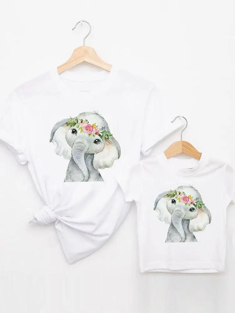 

Tee Family Matching Outfits Elephant Flower Cute Summer Women Kid Child Mom Mama Mother Tshirt Clothes O-neck Graphic T-shirt