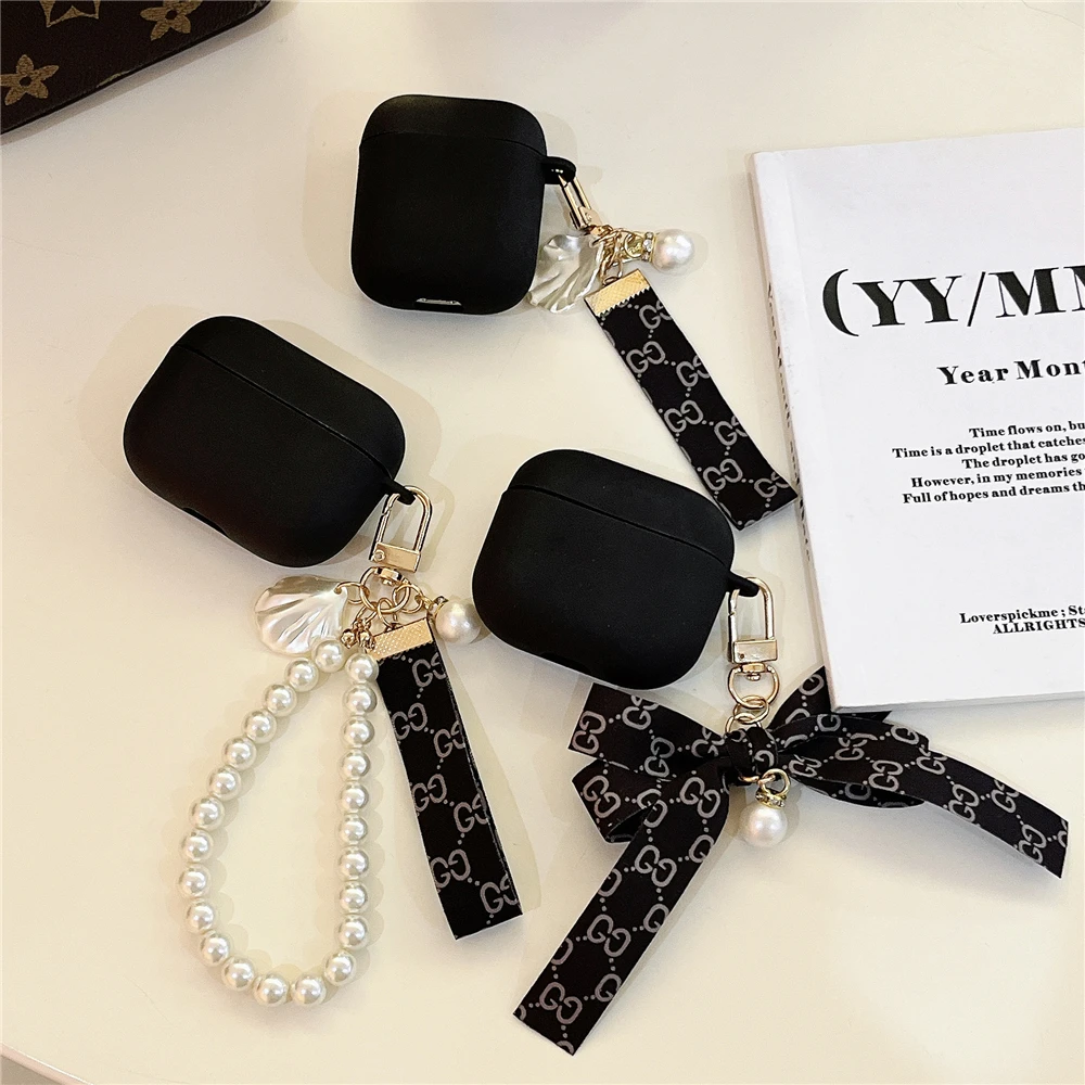 

Luxury Matte Black Silicone Soft Case For Apple AirPods Pro 2 3 Pearl Bracelet With Shell Pendant Earphone Cover For AirPods 3 2