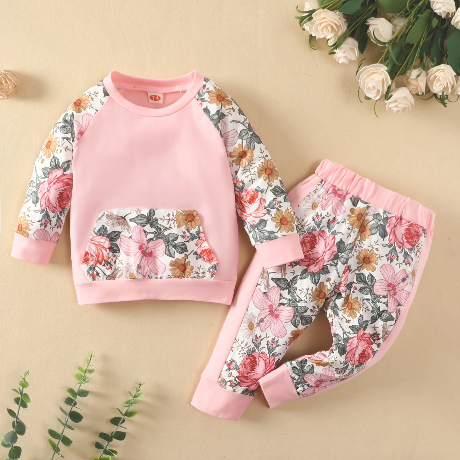 

0-24 Months Girl Two Piece Set, Baby Newborn Floral Printed Raglan Sleeves Pattern Pullover Shirt Trousers Pants for Kid