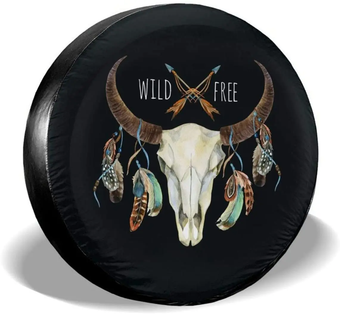 

Cow Buffalo Skull with Feathers Spare Tire Cover Waterproof Dust-Proof UV Sun Wheel Tire Cover Fit for Jeep,Trailer, RV, SUV and