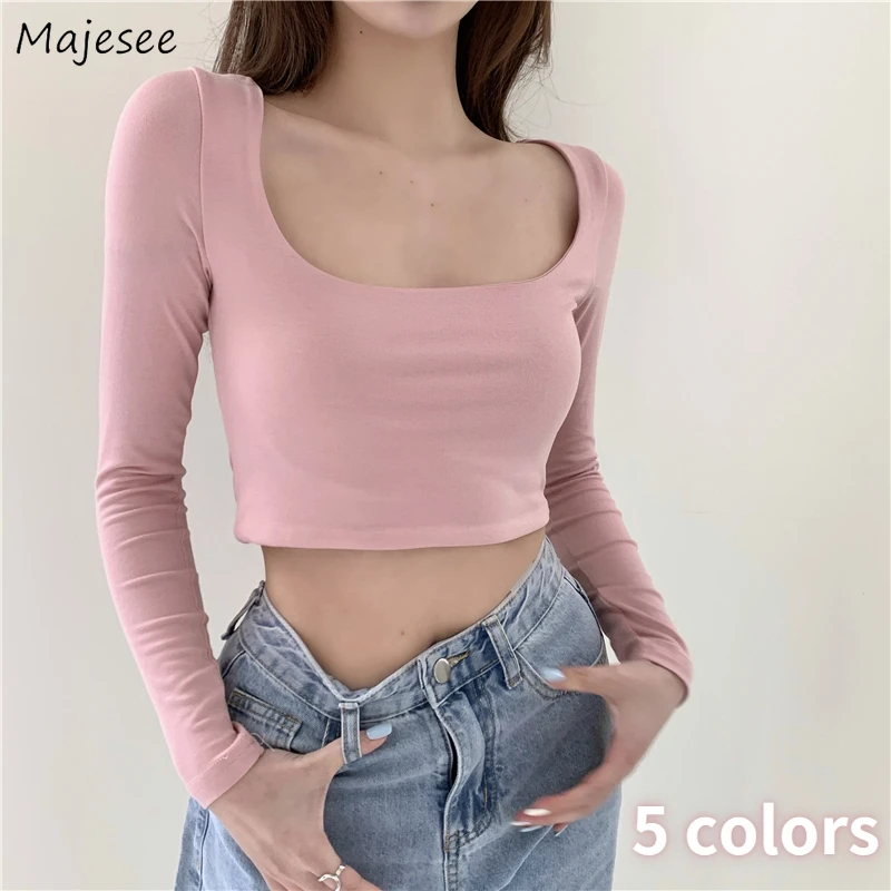 

Long Sleeve T-shirts Women Crop Tops Candy Color Sweet Sexy Gentle Basic Chic Tender Slim All-match Ulzzang Females футболка Ins
