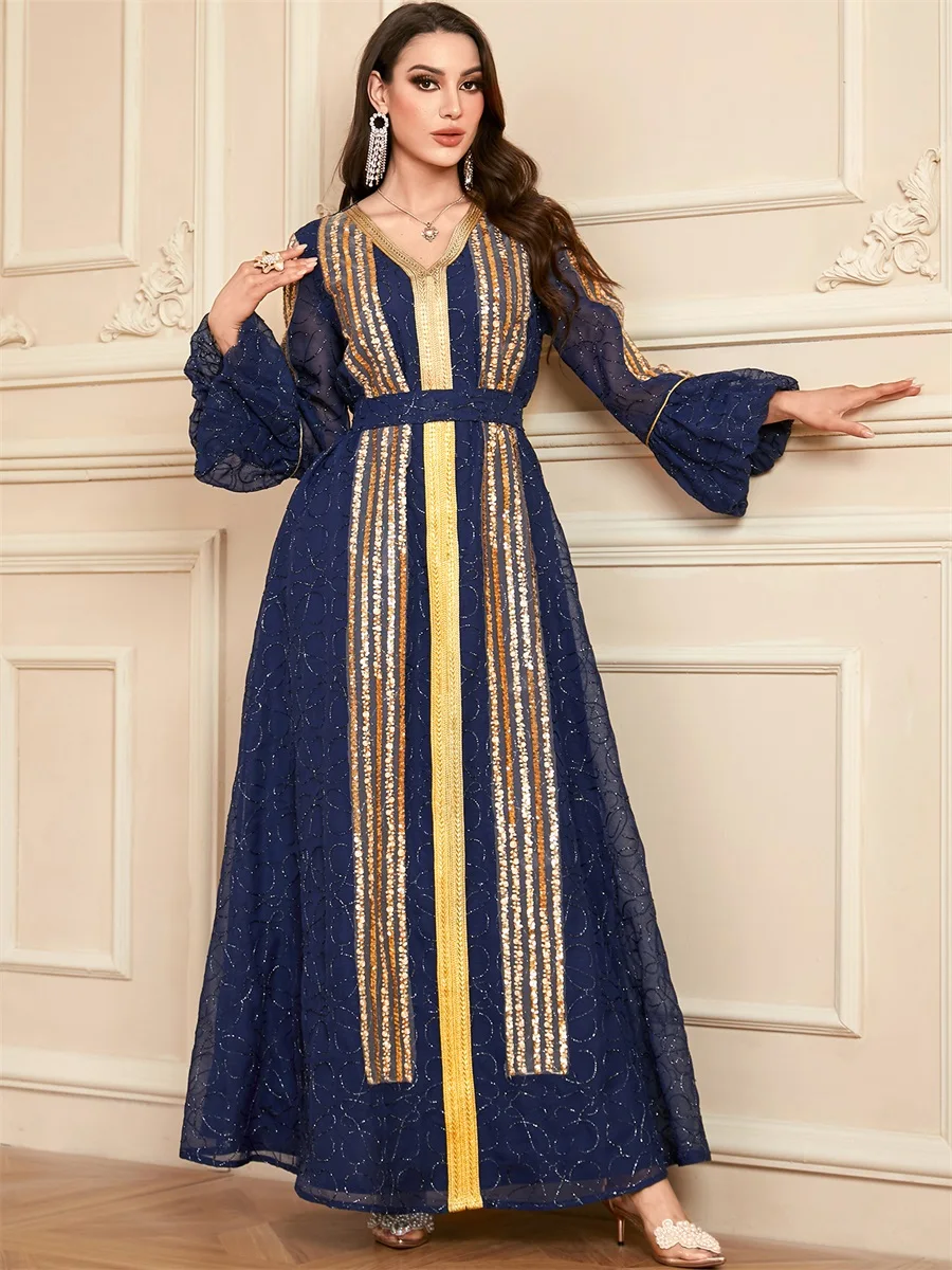 Siskakia Ramadan Dubai Стильные длинные платья с блестками и рукавами-лепестками v-образным