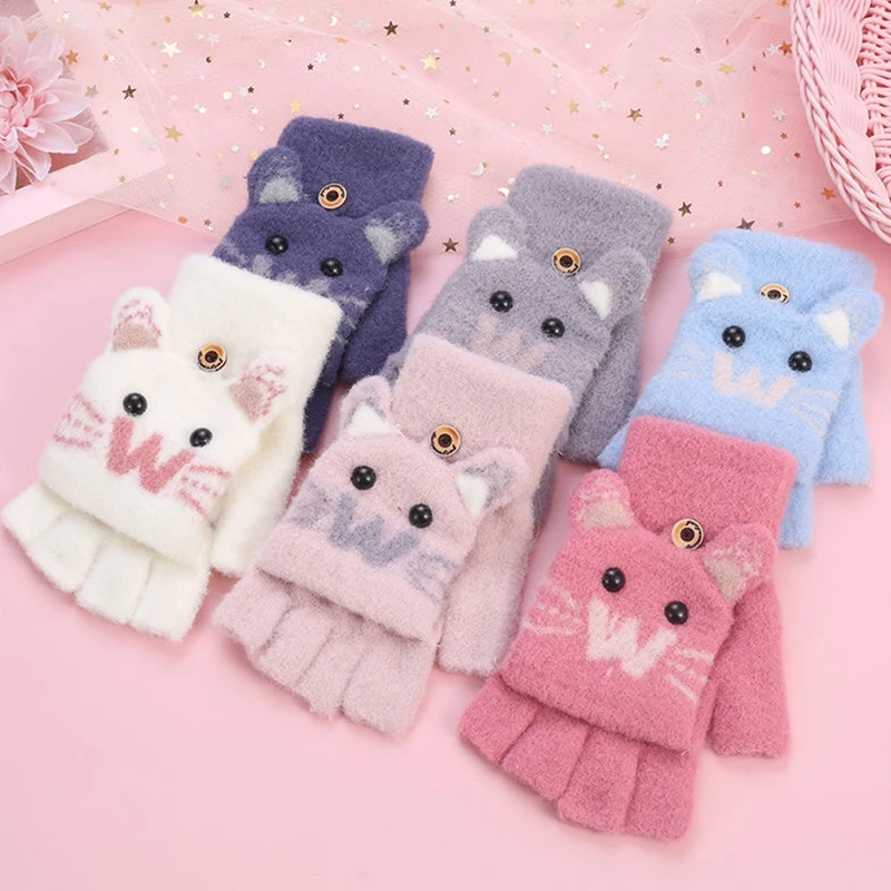 

Autumn Winter Warm Gloves Flip Cover Fingerless Gloves Soft Kids Girl Cute Cartoon Half-finger Knitted Plus Velvet Riding Gloves