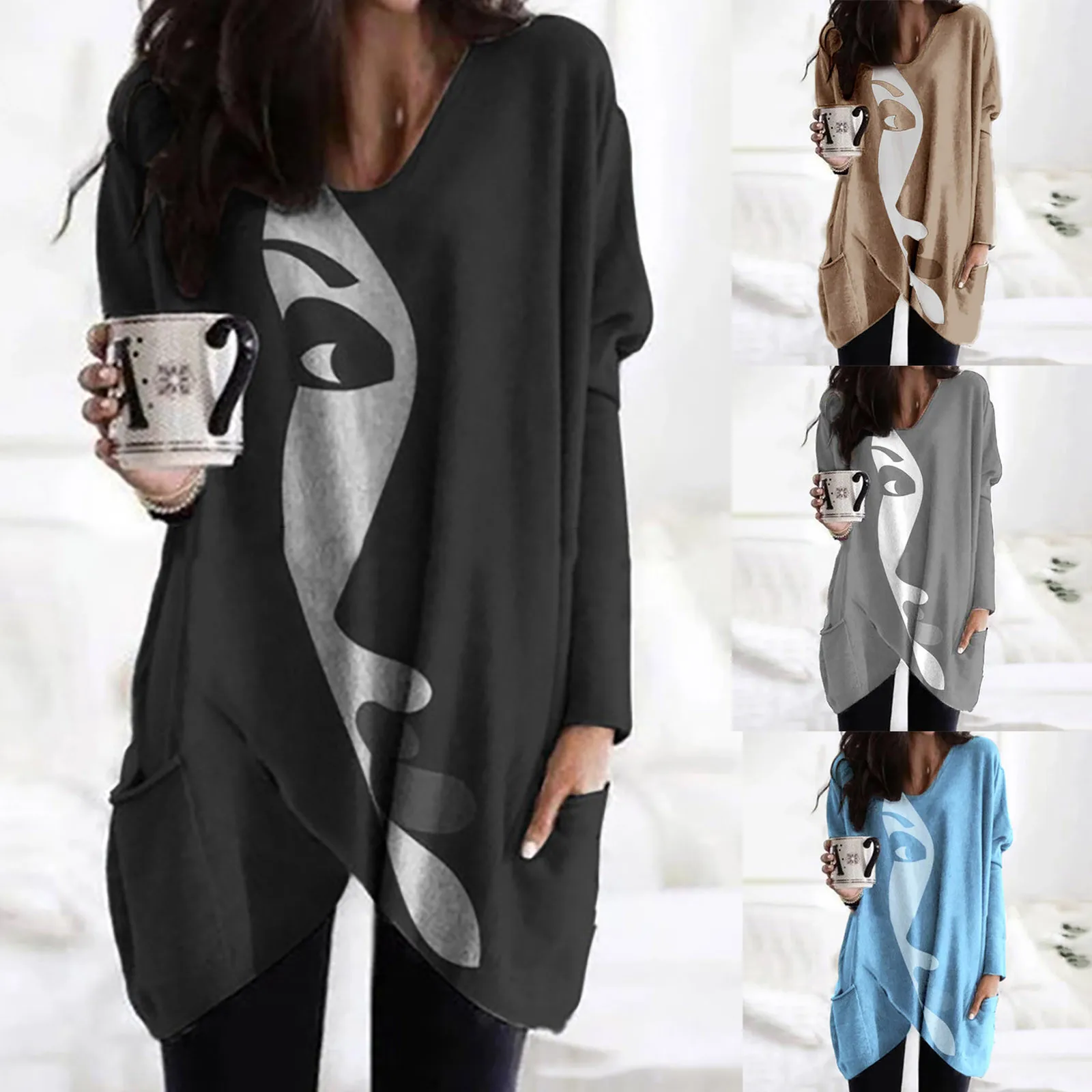 

Women T-shirt Pocket Sleeve Neck Long Ladies Casual Round Top Print Abstract Plus Size Tops Woman Tops plus Size Green Clothing