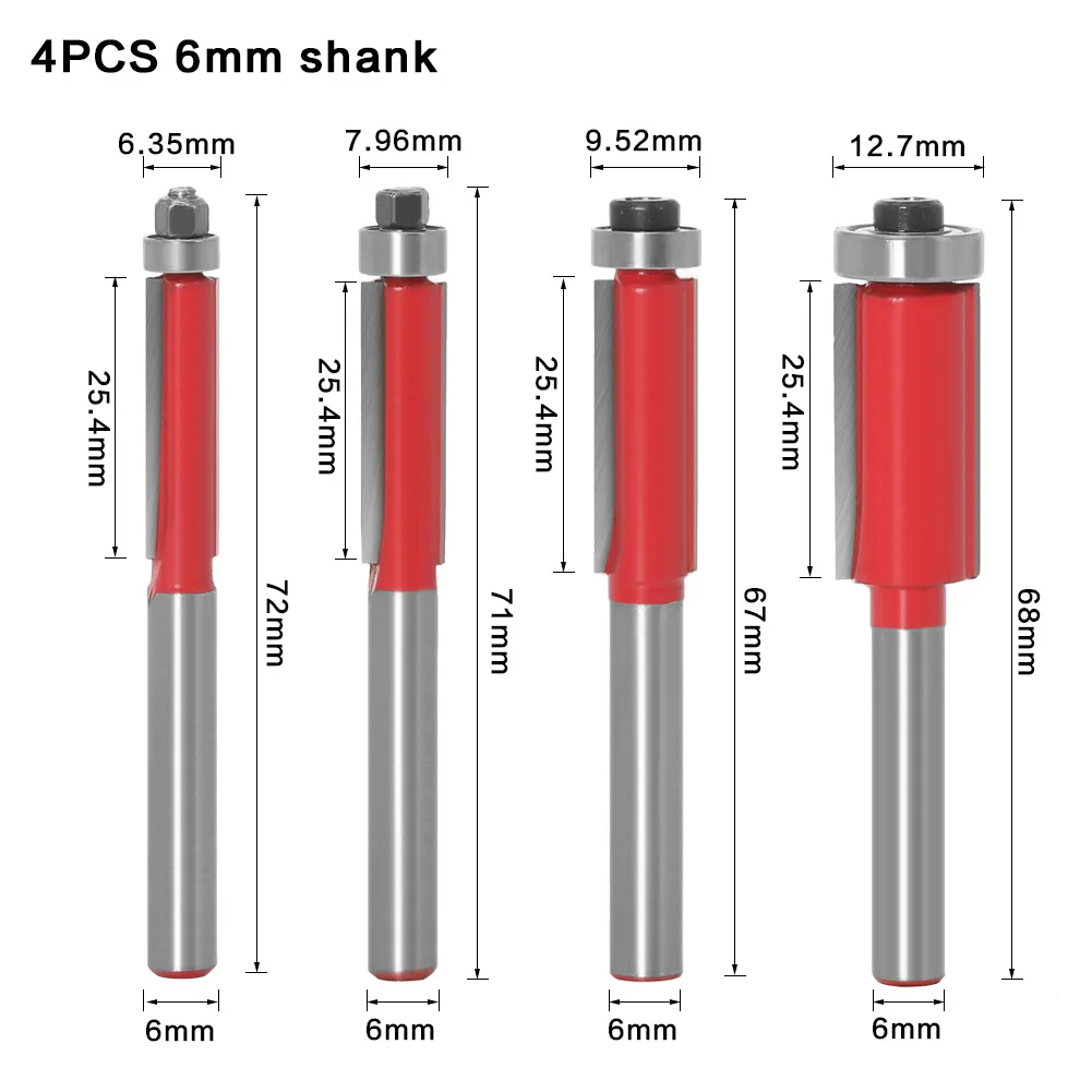 

4Pc 6mm 1/4" Shank Flush Trim Router Bits End Mill For Wood Lengthened Trimming Cutters With Bearing Woodworking Tool End Mill