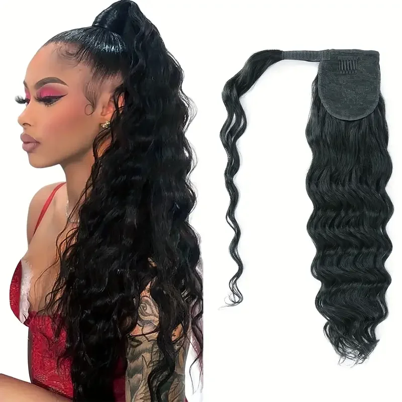 Парик с хвостиком из человеческих волос Remy для лошадей натуральный черный 10-30