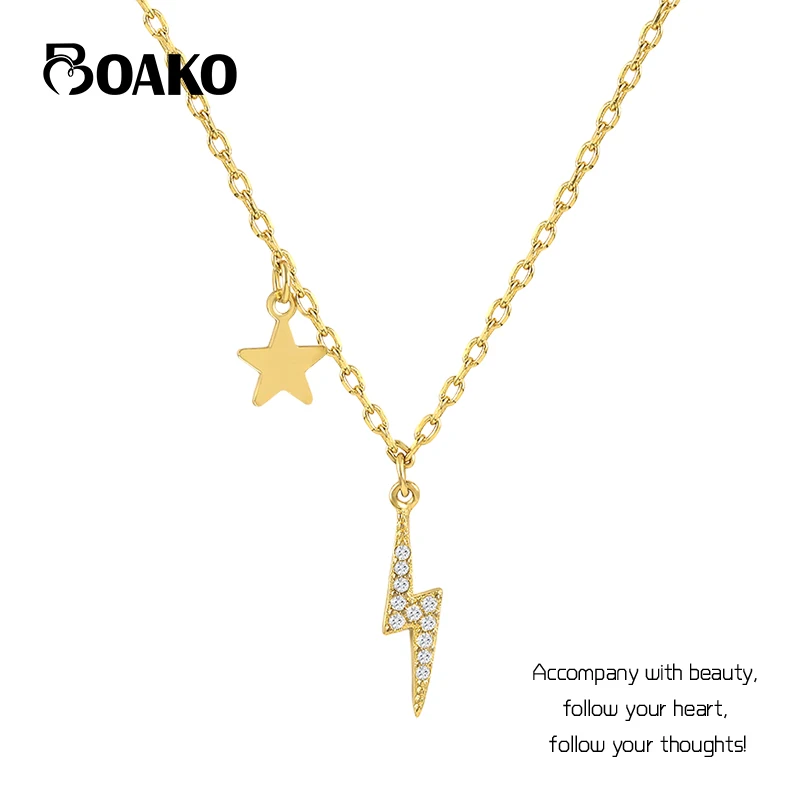 

BOAKO 925 Sterling Silver Necklace Exquisite Clavicle 18k Gold Chain Necklace for Women Star Lightning Pendant Necklaces Jewelry