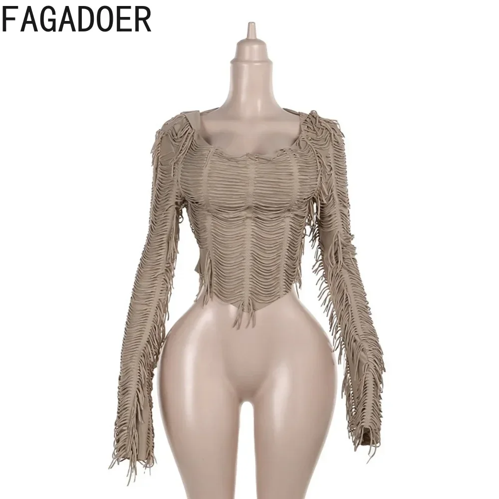 Модный коричневый укороченный топ FAGADOER Y2K с кисточками и капюшоном Женский