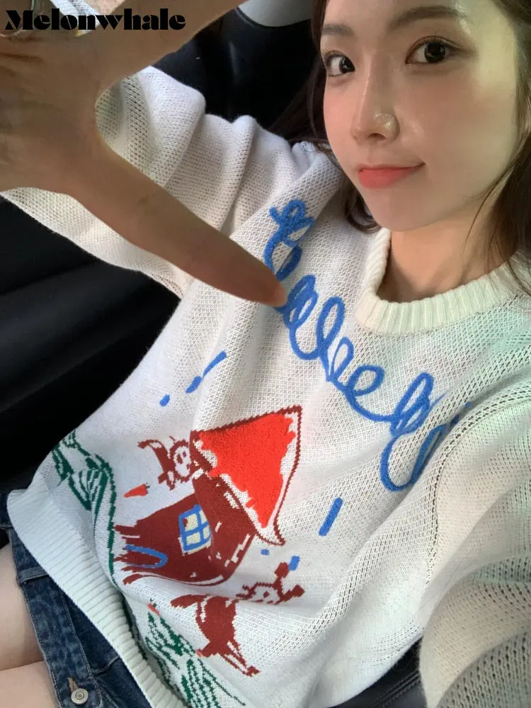 

Вязаный свитер melonкит ручной росписи корейская мода потертый Свободный пуловер Fairycore милый оверсайз джемпер трикотажная одежда M252