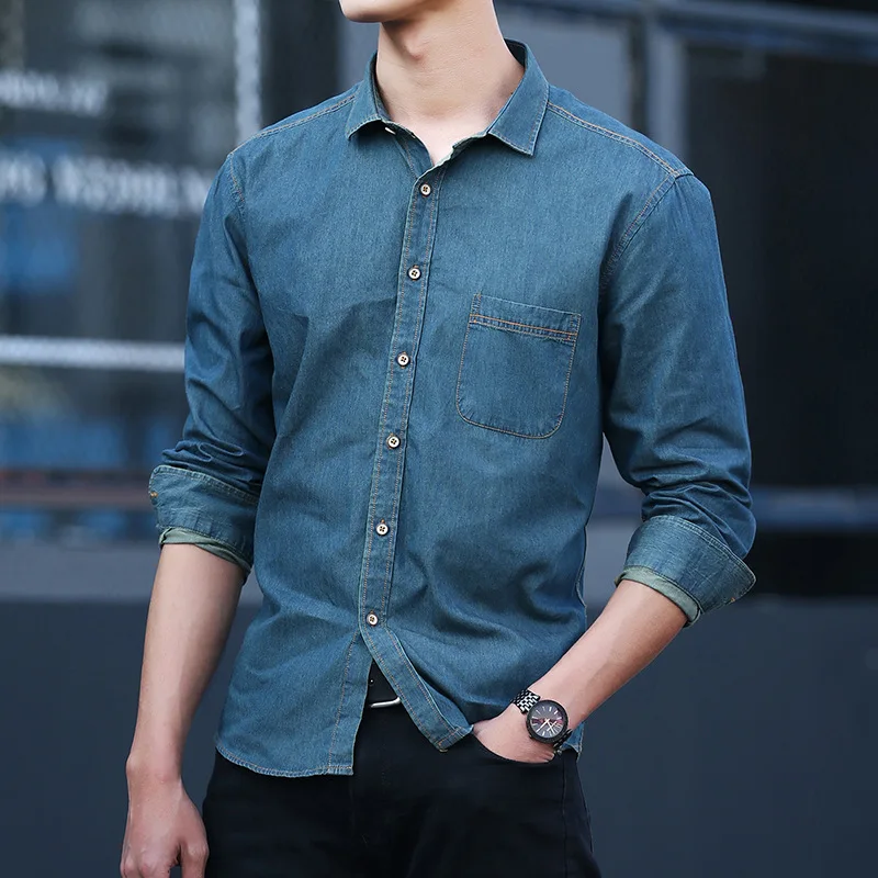 

Рубашка мужская с длинным рукавом, хлопковая Повседневная приталенная, из ткани «Оксфорд», в японском стиле, джинсовая приталенная, весна-о...