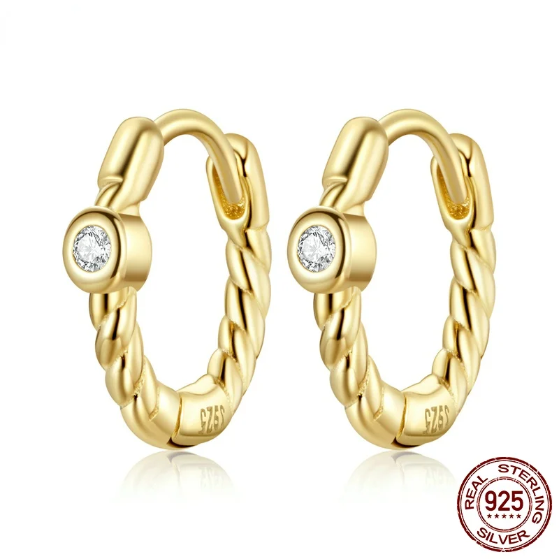 

925 Sterling Silver Shining Spiral Golden Zircon Stud Earrings For Women Wedding Fashion Anniversary Jewelry CQE1255