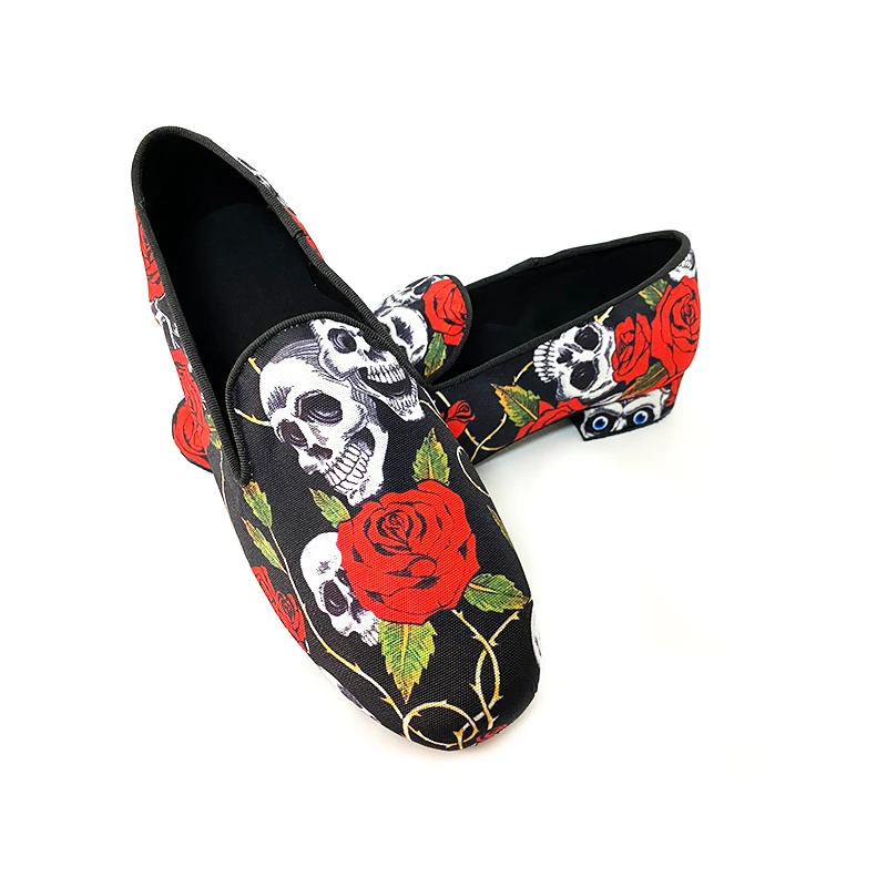 Zapatos de Baile Low Heel 2cm  Halloween Skull Red Flower Fabric SUEDE Outsole Bachata Latin Salsa Men Dance Shoes Indoor