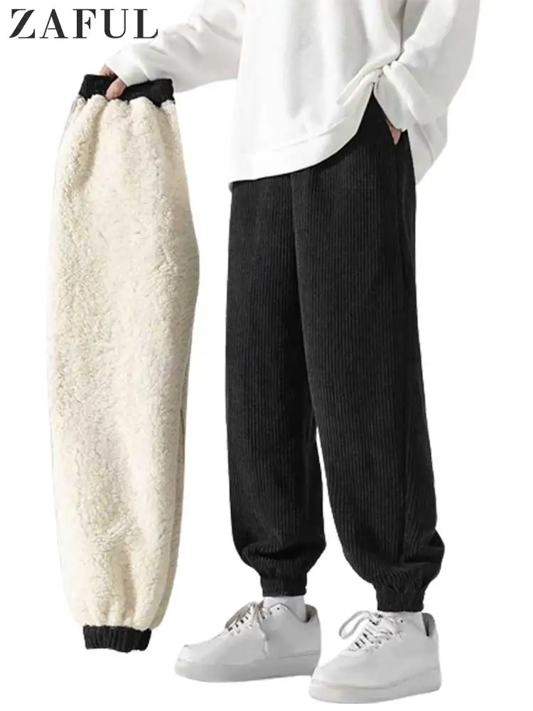 

ZAFUL Pants for Men Corduroy Fluffy Fleece Lining Sweatpants Solid Drawstring Casual Trousers Fall Winter Warm Jogger Pants