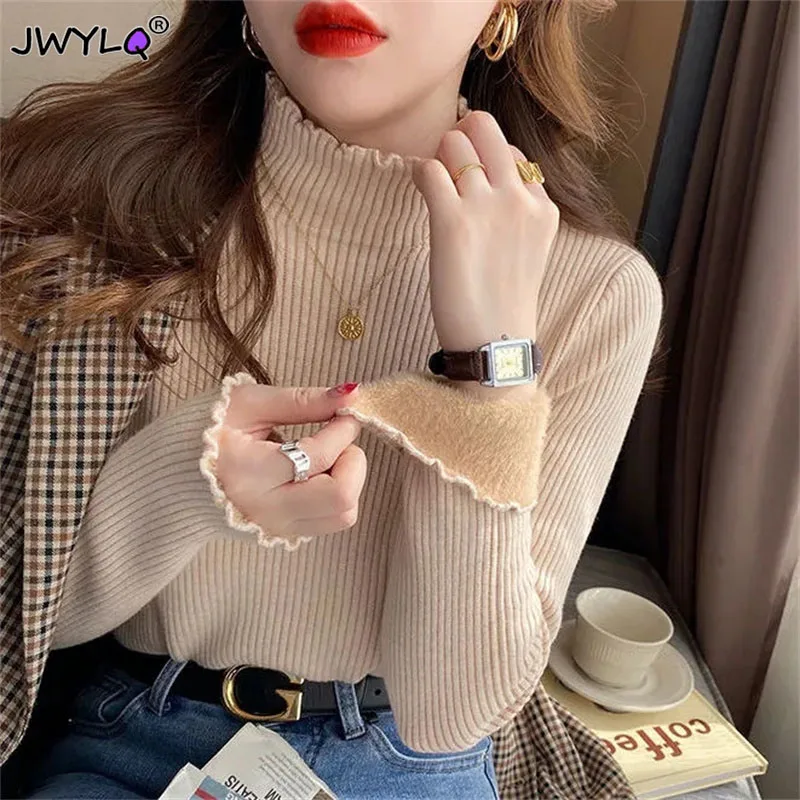 High-quality Winter Plus Velvet Crimping Turtleneck Sweater Women Warm Slim Long Sleeve Elastic Pullover Korean Knitwear Sweater
