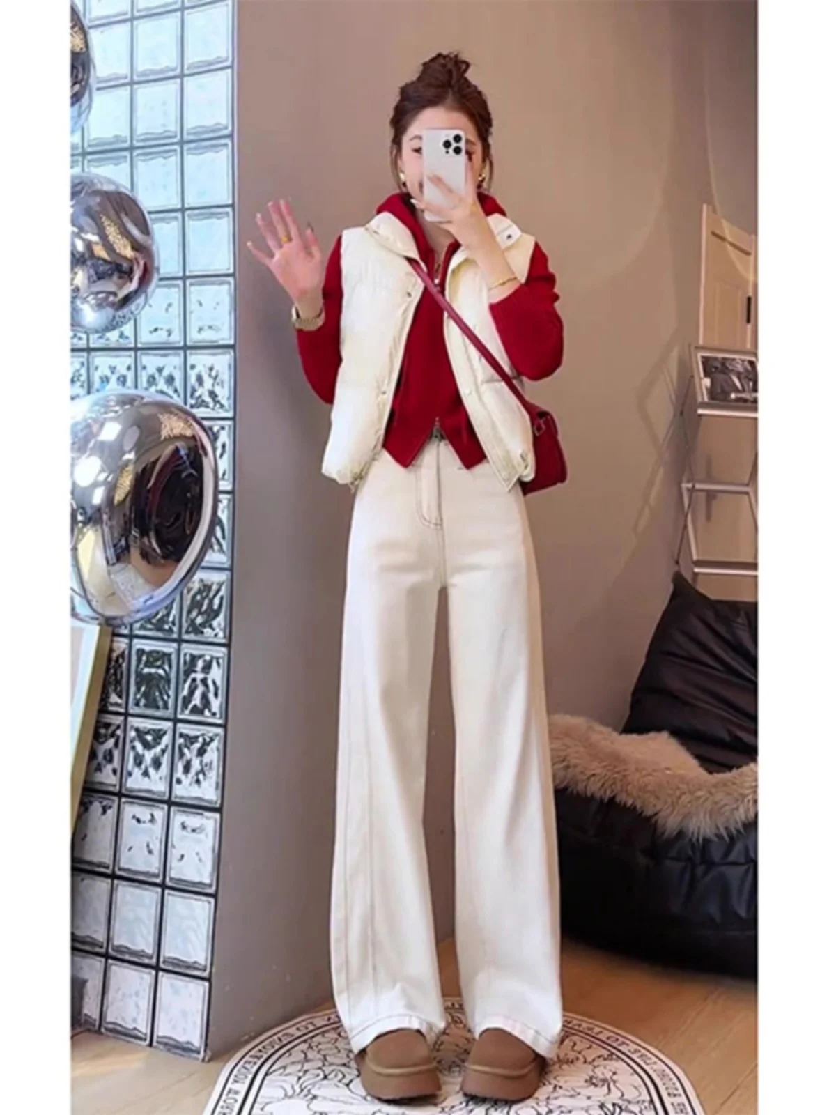 Winter Matching A Complete Set 2024 New Hood Sweater Thick Warm Vest Women Jeans Three-Piece