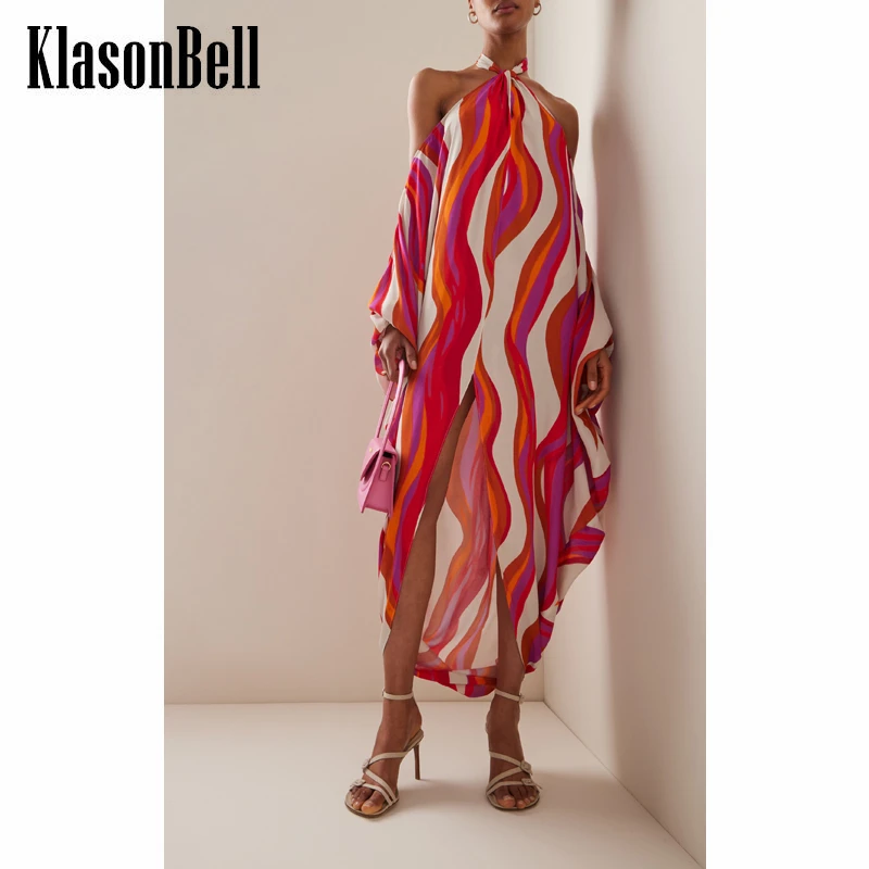 6.3 KlasonBell Holiday Beach Striped Halterneck Off Shoulder Backless Split Long Dress Women