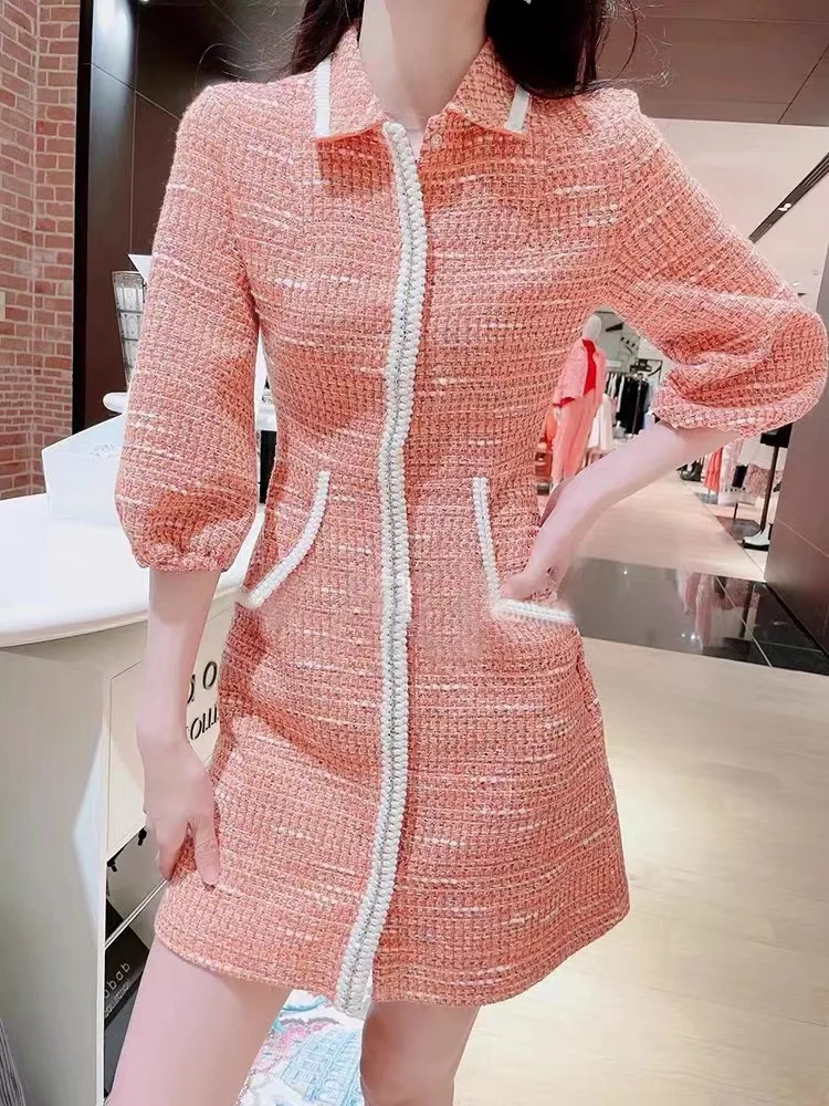 

Women Tweed Metal Chain Decoration Three Quarter Sleeve Turn-down Collar Mini Dress