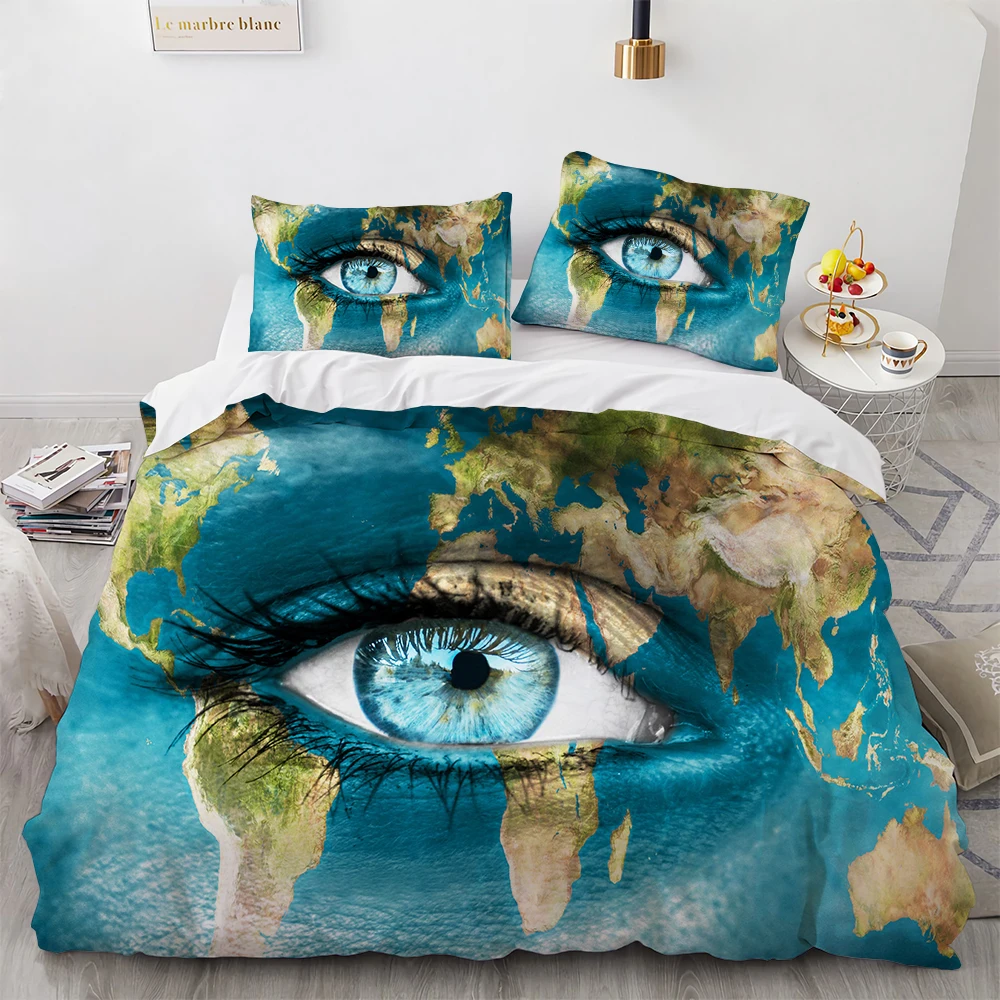 

World Map King Queen Duvet Cover Blue Eye Pattern Bedding Set for Kids Teens Adult Creative Design 2/3pcs Quilt Cover Pillowcase