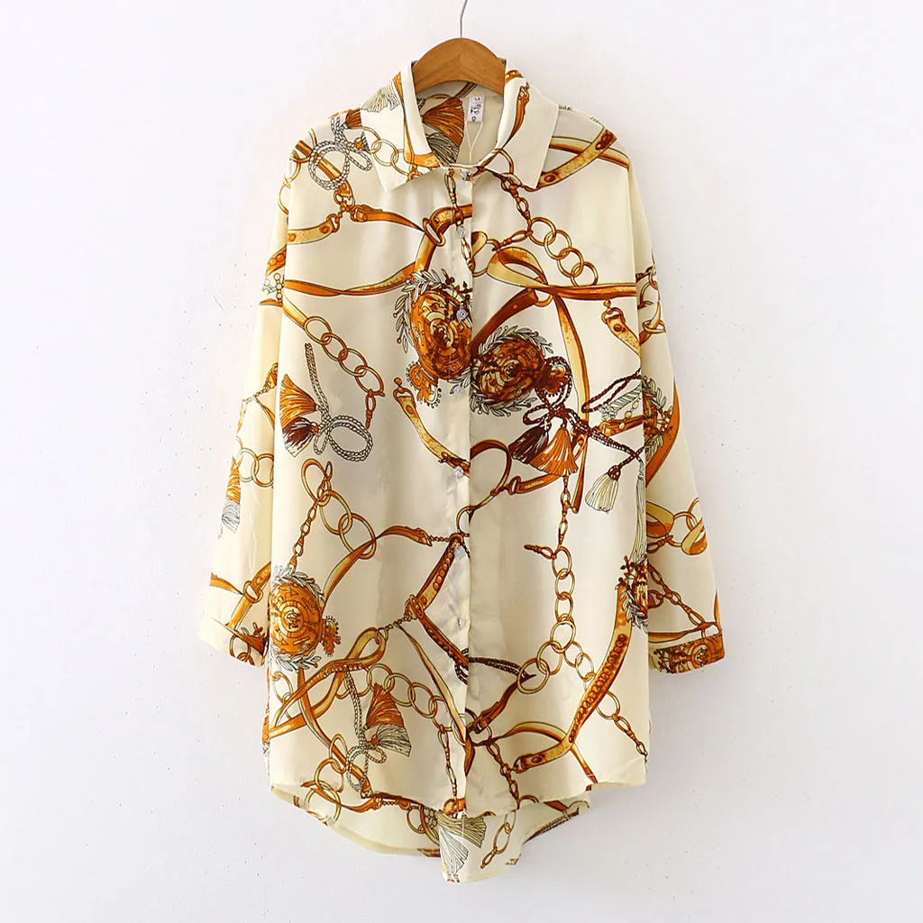 

Office Chiffon Blouses Fashion Chiffon Shirt Women Loose Long Sleeve Printed Turn-down Button Shirts Summer Blouse Working