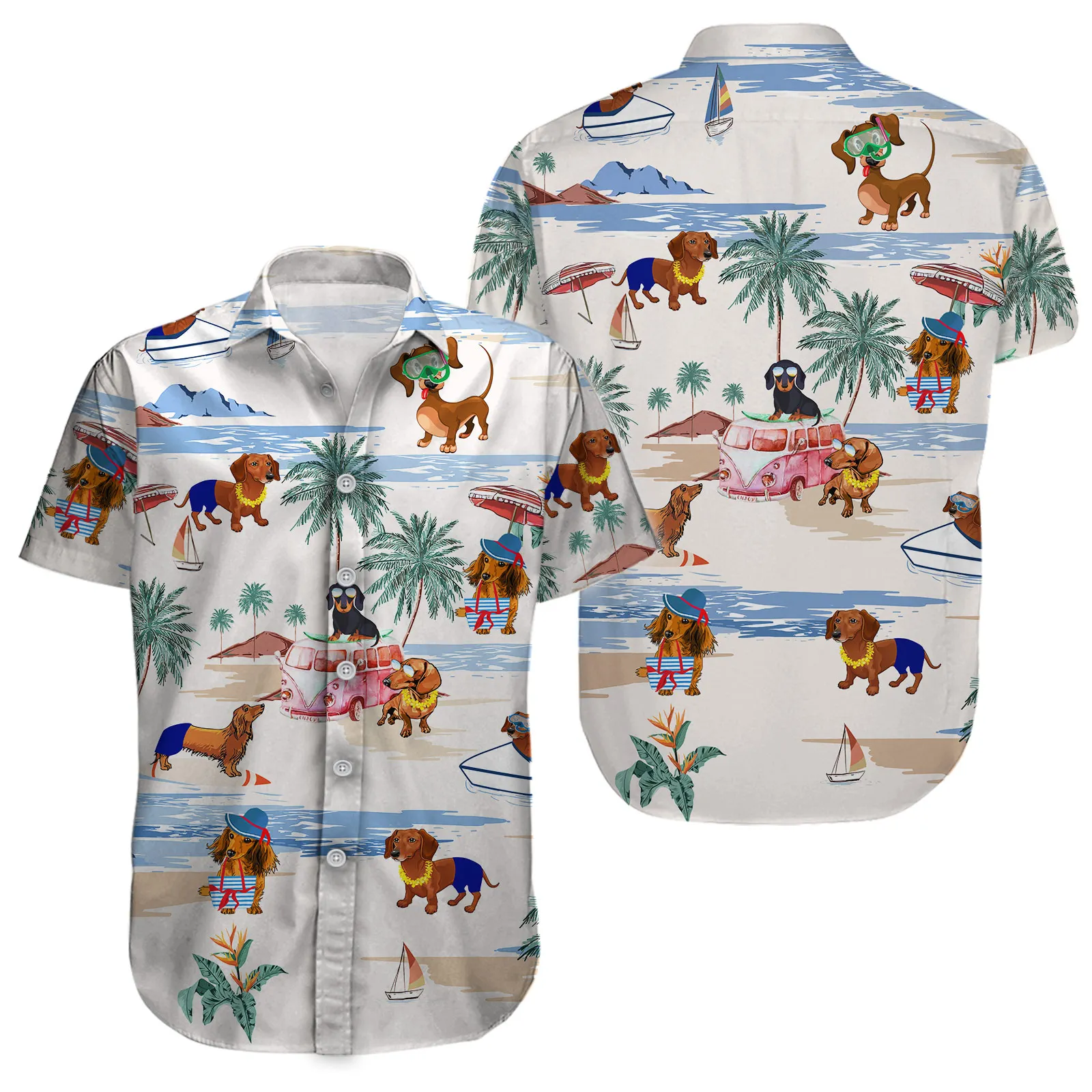 Dachshund Summer Beach Hawaiian Shirt, Wiener Dog Vacation Short Sleeve Button Down Shirt Gifts for Men Women