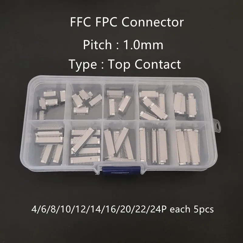 

50pcs/boxed FFC FPC connector 1.0mm Pitch 4/6/8/10/12/14/16/20/22/24 Pin Top Contact Flat Cable Connector Socket Kits