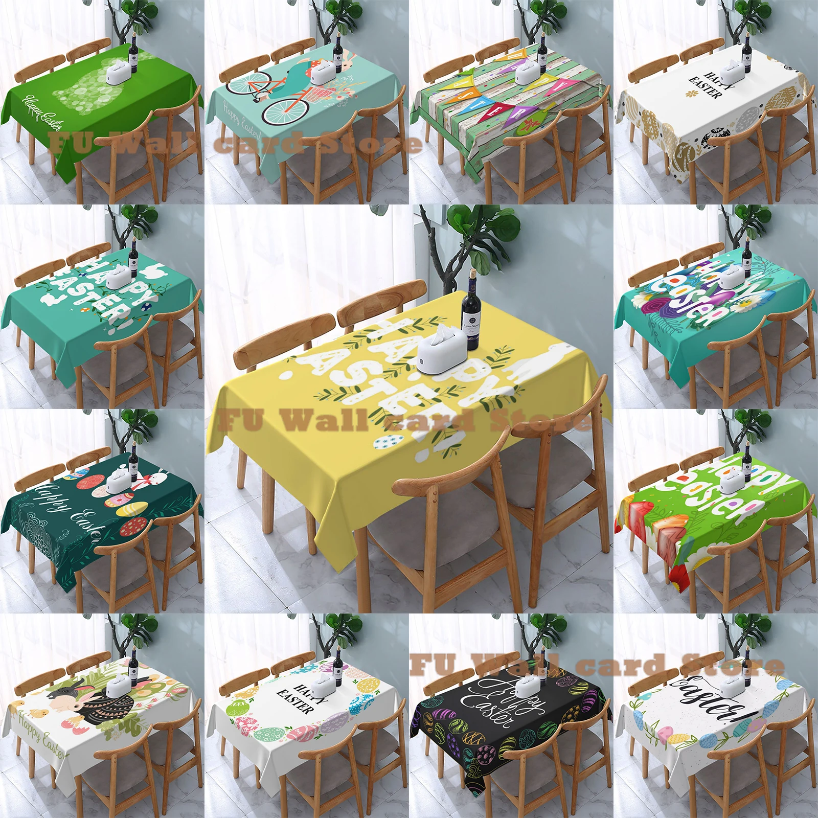 

Easter Tablecloth Rectangle Colorful Egg with Happy Easter Bunny Spring Floral Decorative Easter Table Yellow Oblong/Rectangle