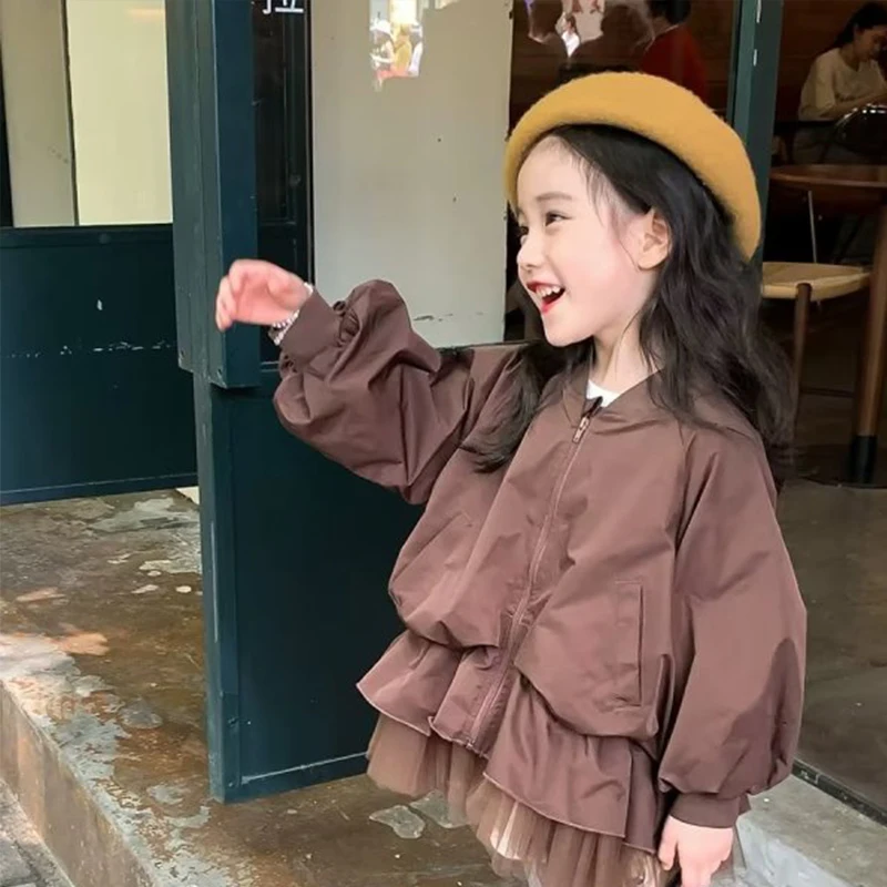 

New Girls' Autumn Korean Version Clothes New Children's Lace Windbreaker Jacket Baby Foreign Style Coat Dress 2 4 6 7T 2023