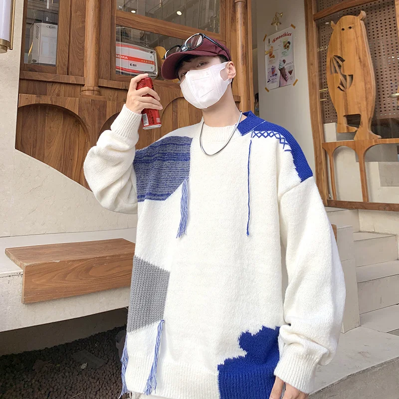 

Retro Korean Fashion Sweater Sleeve Neck Jumper Clothes Knit Mens Warm Crew Winter Men Sweater Loose Pullover Long Casual Men